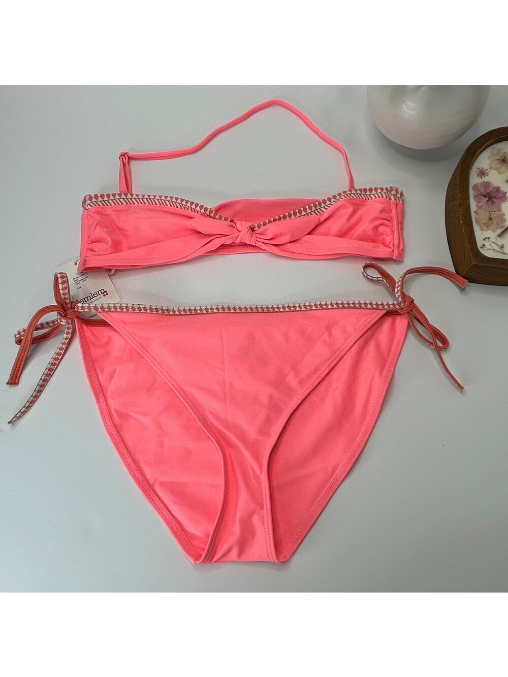 Lemlem Lena Two Piece Bandeau Top/Bikini Bottom Coral Women Large NWT